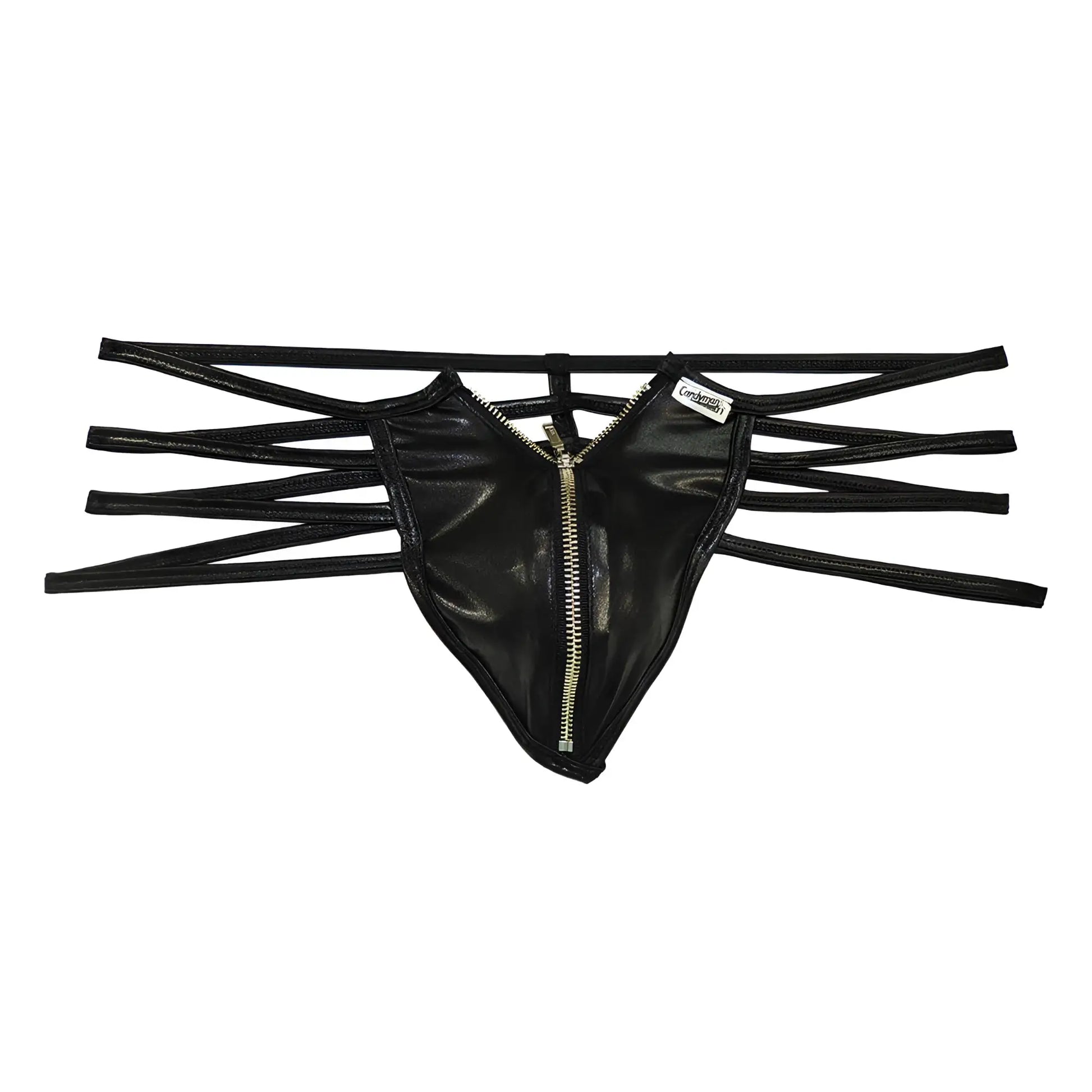 Black faux leather CandyMan 99140 thong with central zipper and multiple thin straps for stylish wear