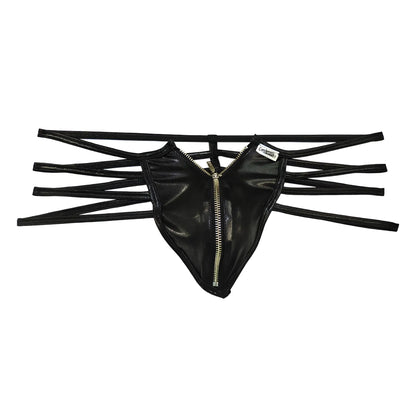 Black faux leather CandyMan 99140 thong with central zipper and multiple thin straps for stylish wear