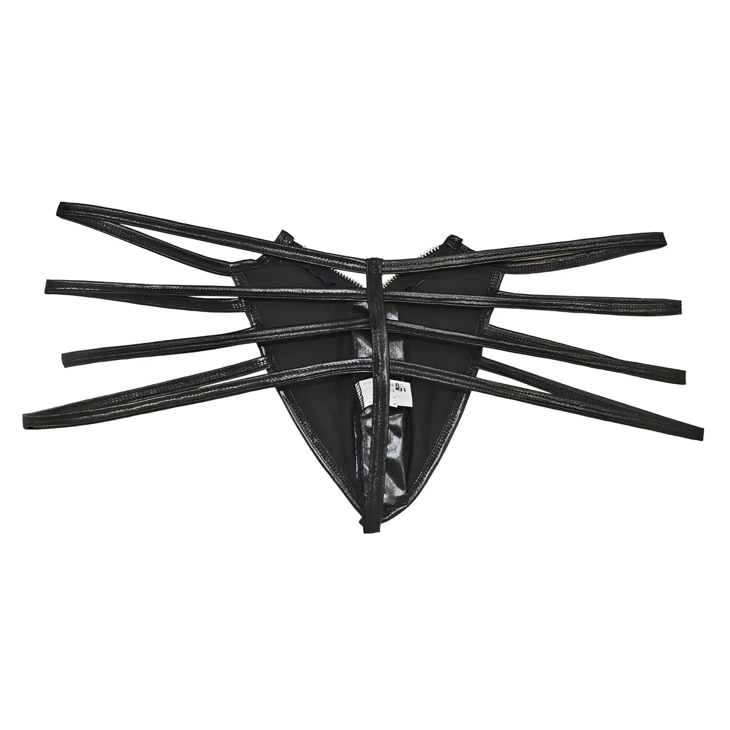 Black glossy faux leather thong candyMan 99140 with multiple thin straps radiating from center front