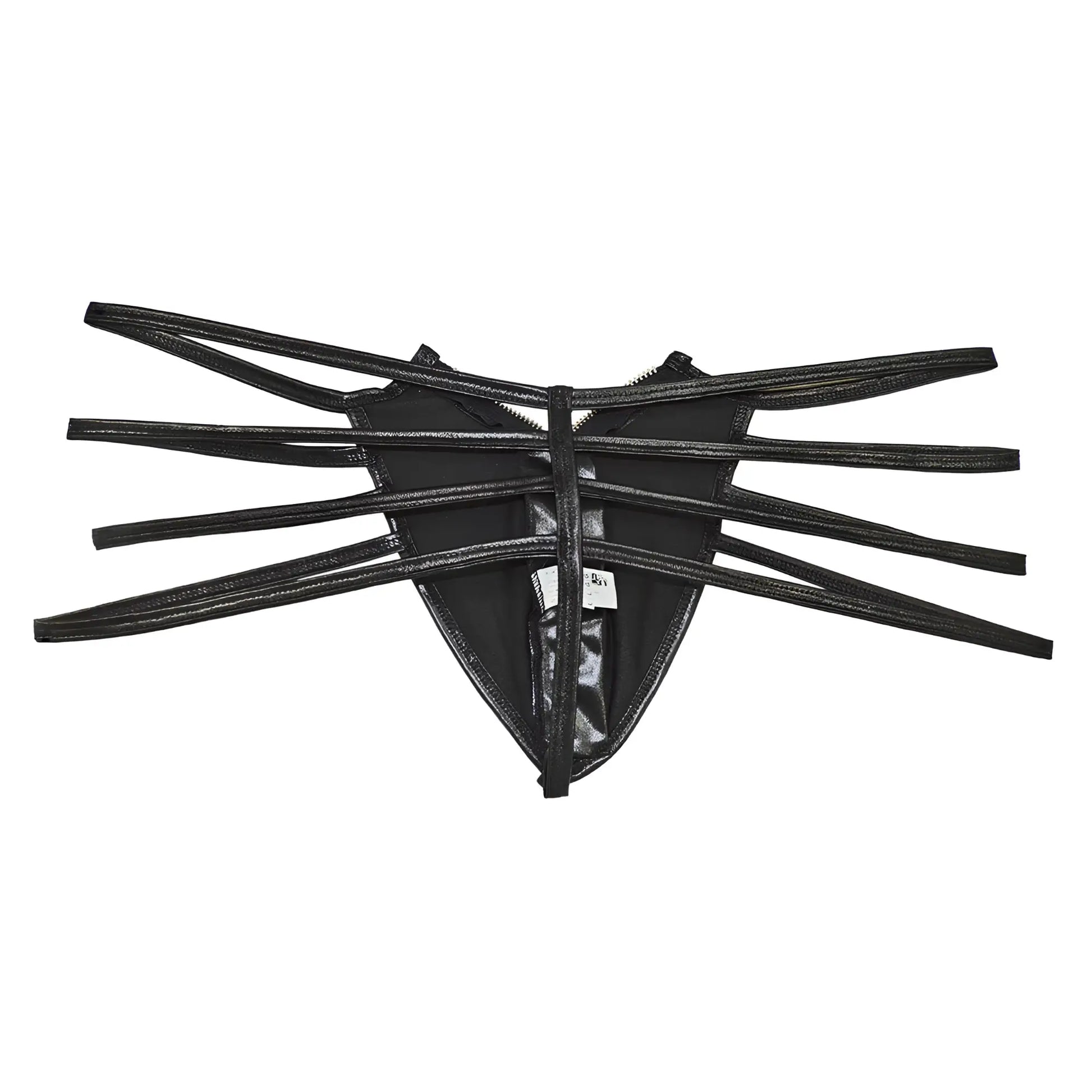 Black glossy faux leather thong candyMan 99140 with multiple thin straps radiating from center front
