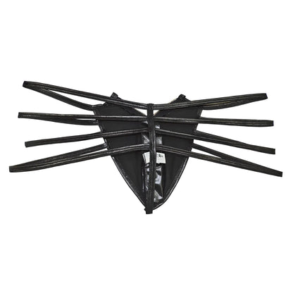 Black glossy faux leather thong candyMan 99140 with multiple thin straps radiating from center front