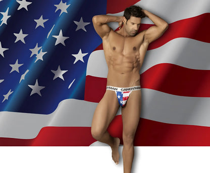 Candyman 99154 patriotic thong men’s briefs with red white and blue american flag design in multi-colored fabric