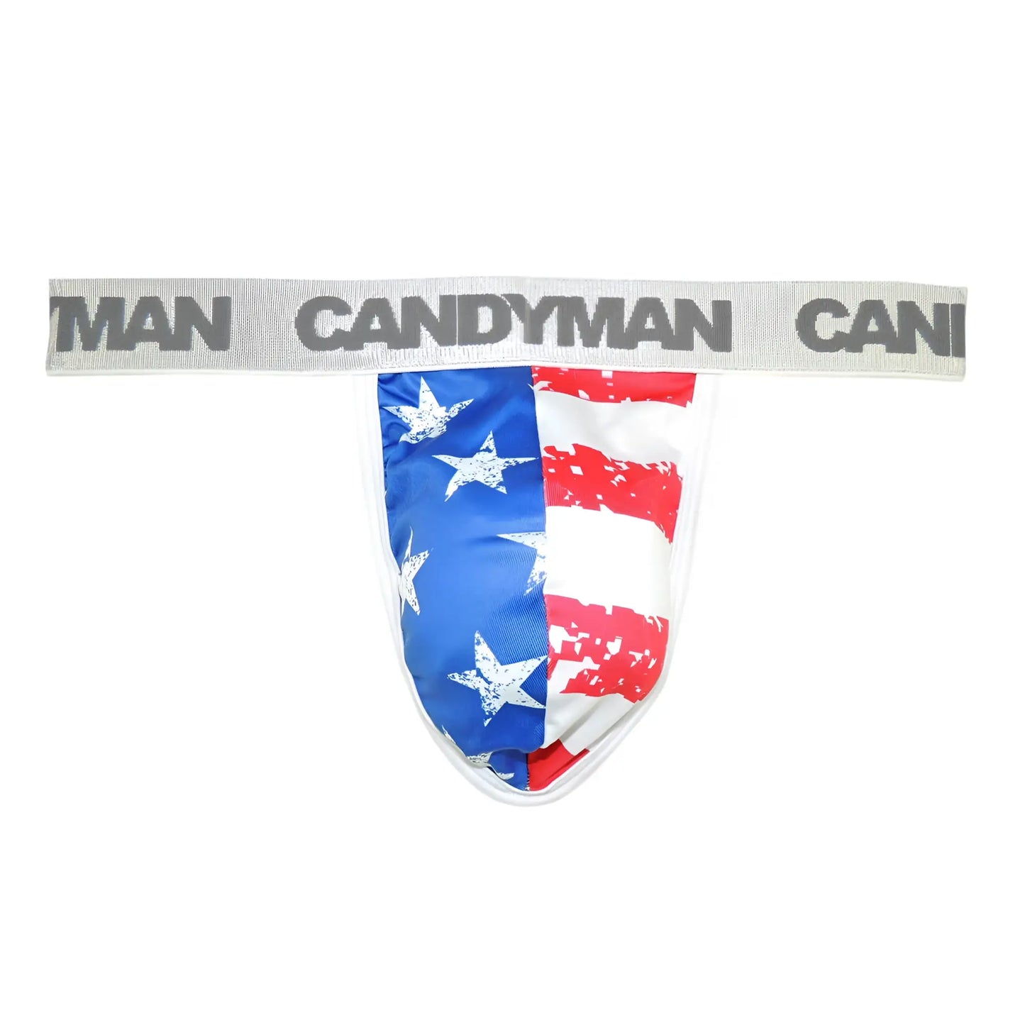 Candyman 99154 patriotic thong jockstrap with american flag design and gray waistband in distressed red white and blue fabric