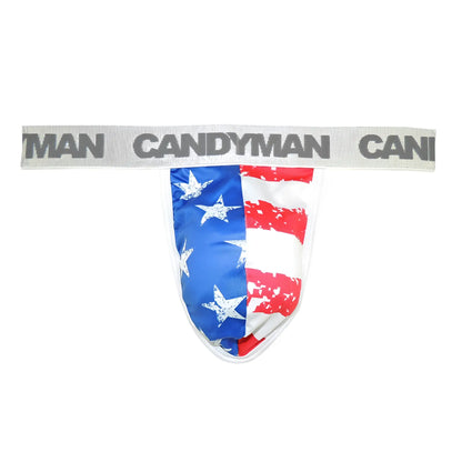 Candyman 99154 patriotic thong jockstrap with american flag design and gray waistband in distressed red white and blue fabric