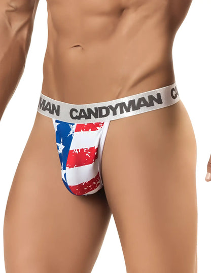 Candyman 99154 patriotic thong mens thong with distressed american flag design and gray elastic waistband
