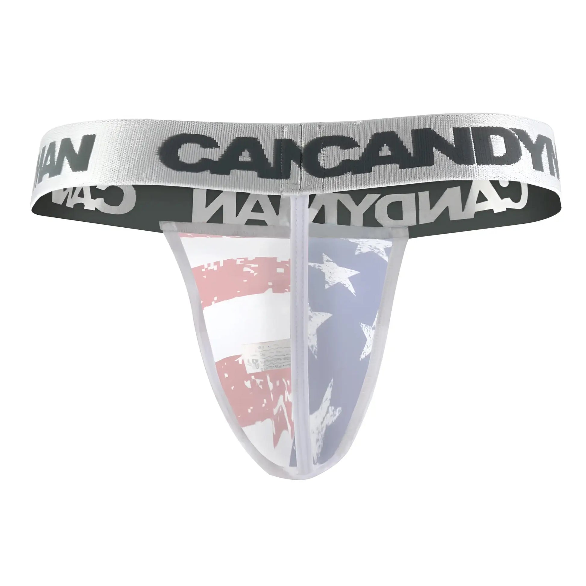 Transparent american flag-themed CandyMan 99154 patriotic thong with silver waistband and bold black Can Candy logo