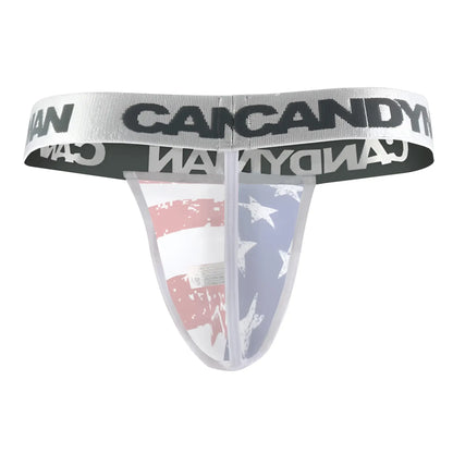 Transparent american flag-themed CandyMan 99154 patriotic thong with silver waistband and bold black Can Candy logo