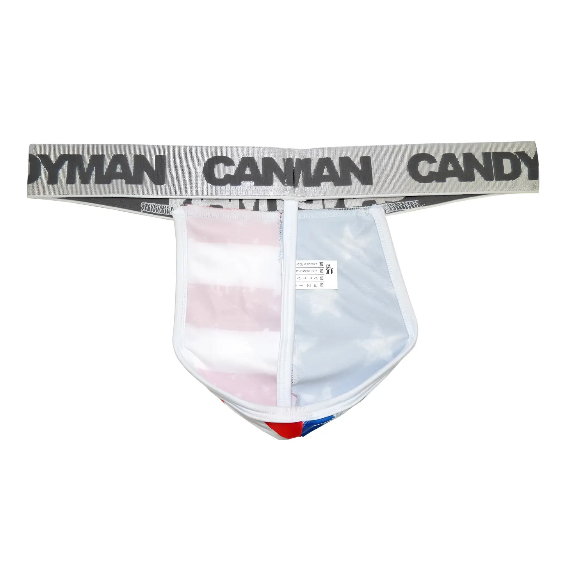 Transparent candy man 99154 patriotic thong with gray waistband candy logo and colorful striped panels