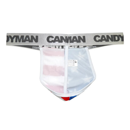 Transparent candy man 99154 patriotic thong with gray waistband candy logo and colorful striped panels
