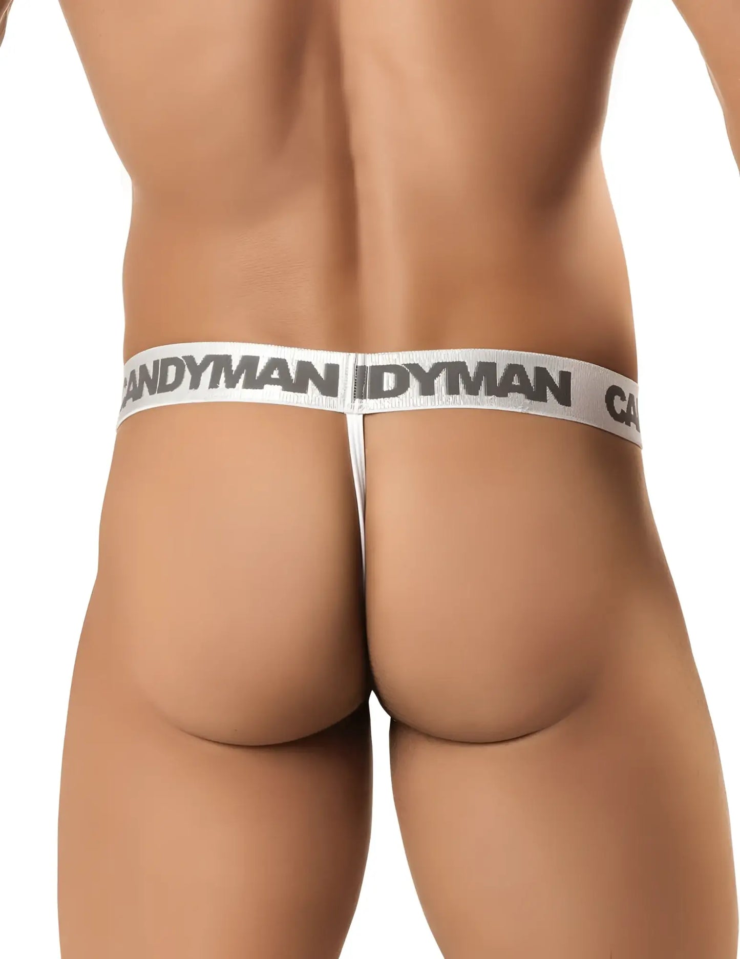 White candyman brand thong with gray logo band across the waistband in candyMan 99154 patriotic multi-colored design