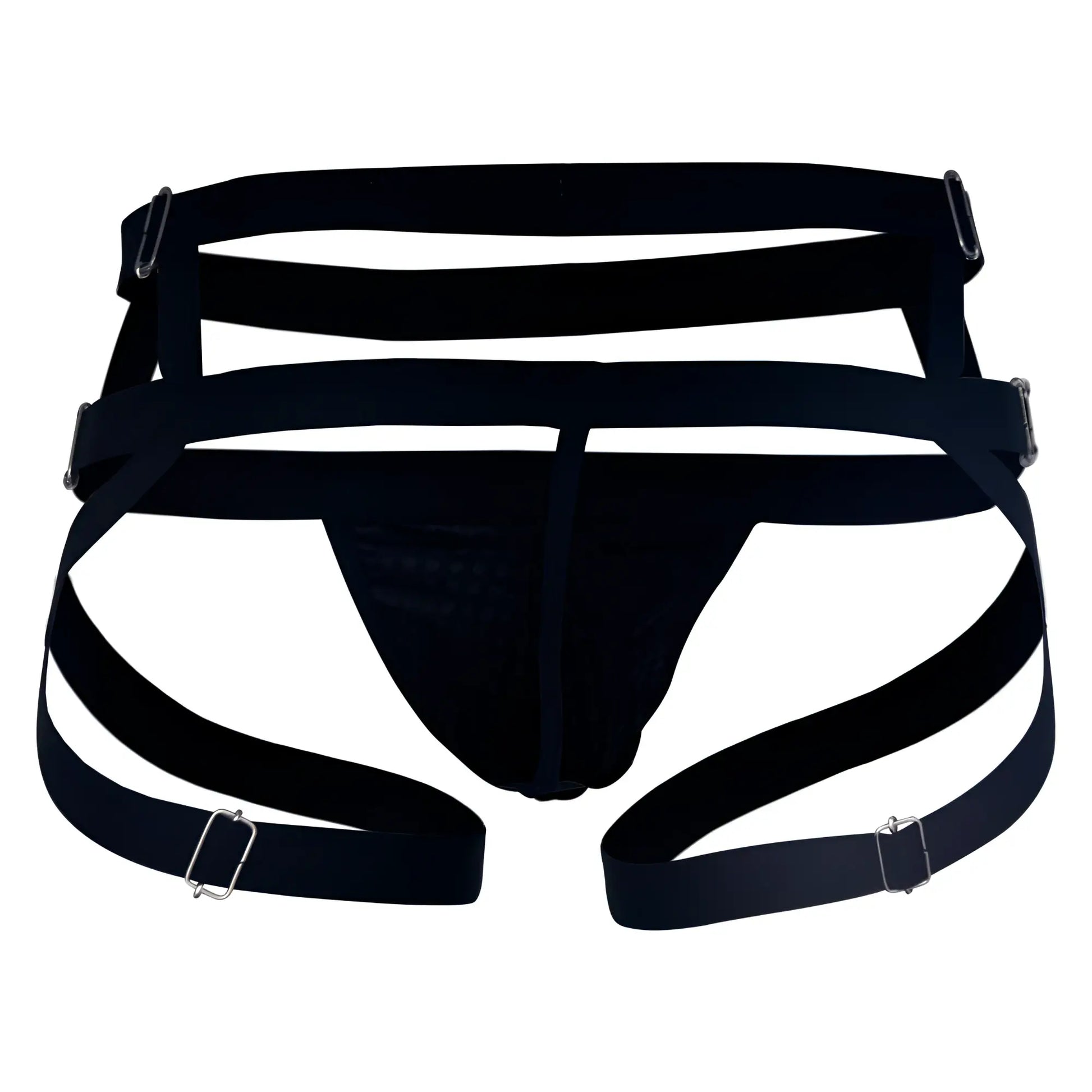 Black elastic jockstrap with silver toned metal buckles from Candyman 99242 for comfortable support