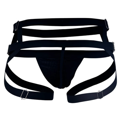 Black elastic jockstrap with silver toned metal buckles from Candyman 99242 for comfortable support