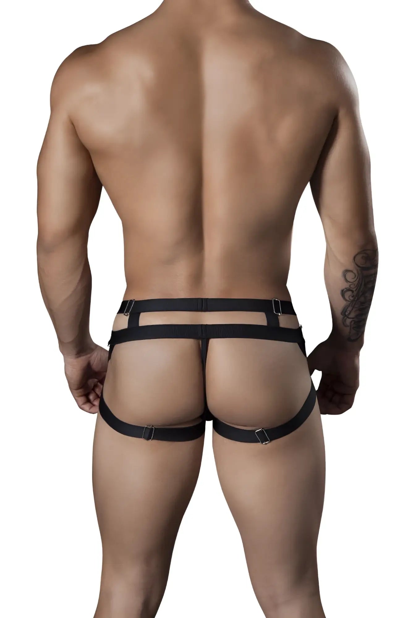 Black leather harness-style briefs with adjustable straps and metal buckles candyMan 99242 jockstrap color black