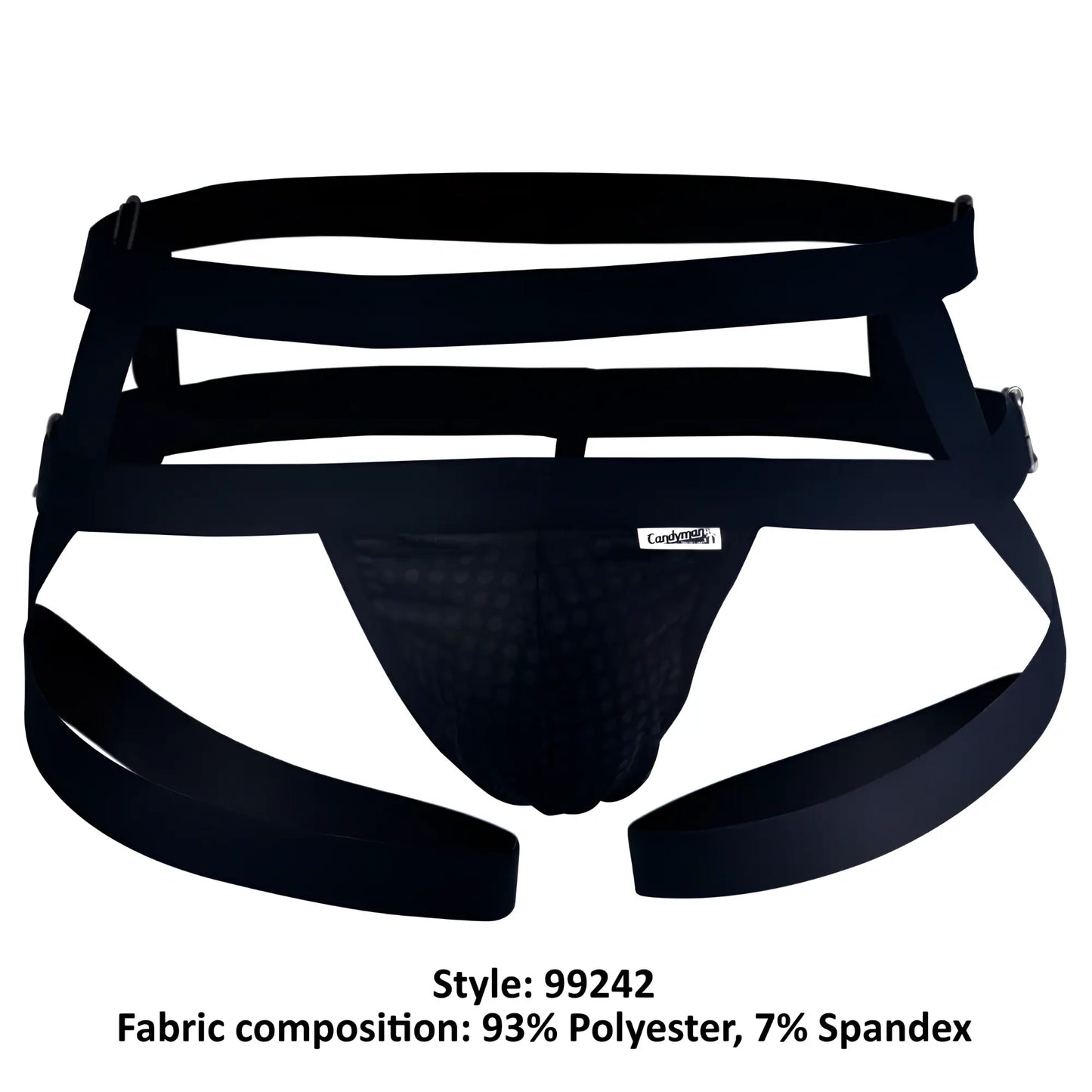Black candyman 99242 jockstrap with multi-strap supportive design and breathable mesh paneling athletic briefs