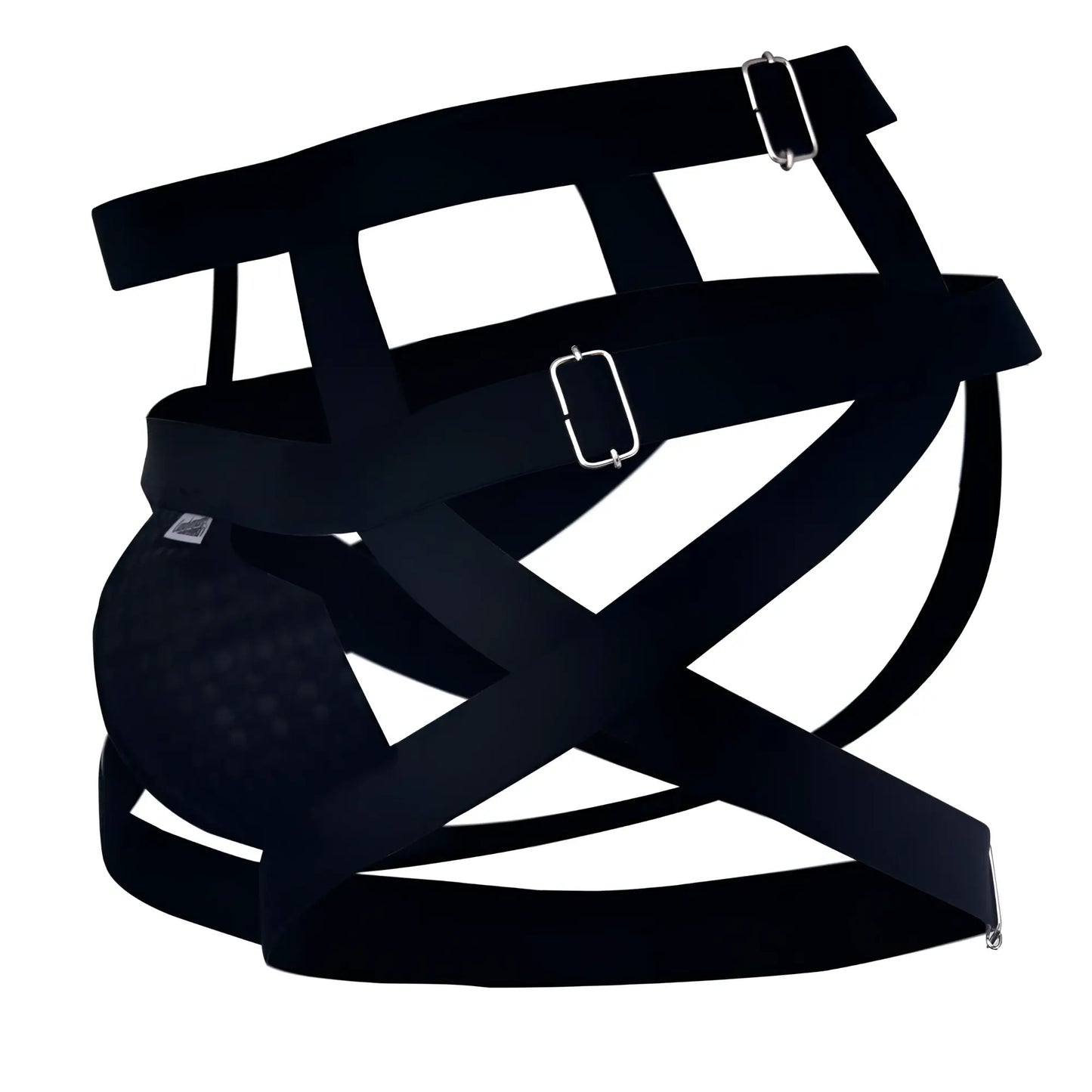 Black mesh CandyMan 99242 jockstrap with adjustable straps and silver-toned metal buckles for athletic support
