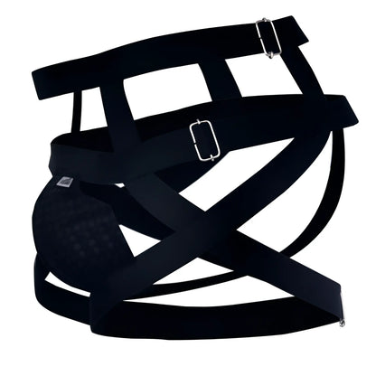 Black mesh CandyMan 99242 jockstrap with adjustable straps and silver-toned metal buckles for athletic support
