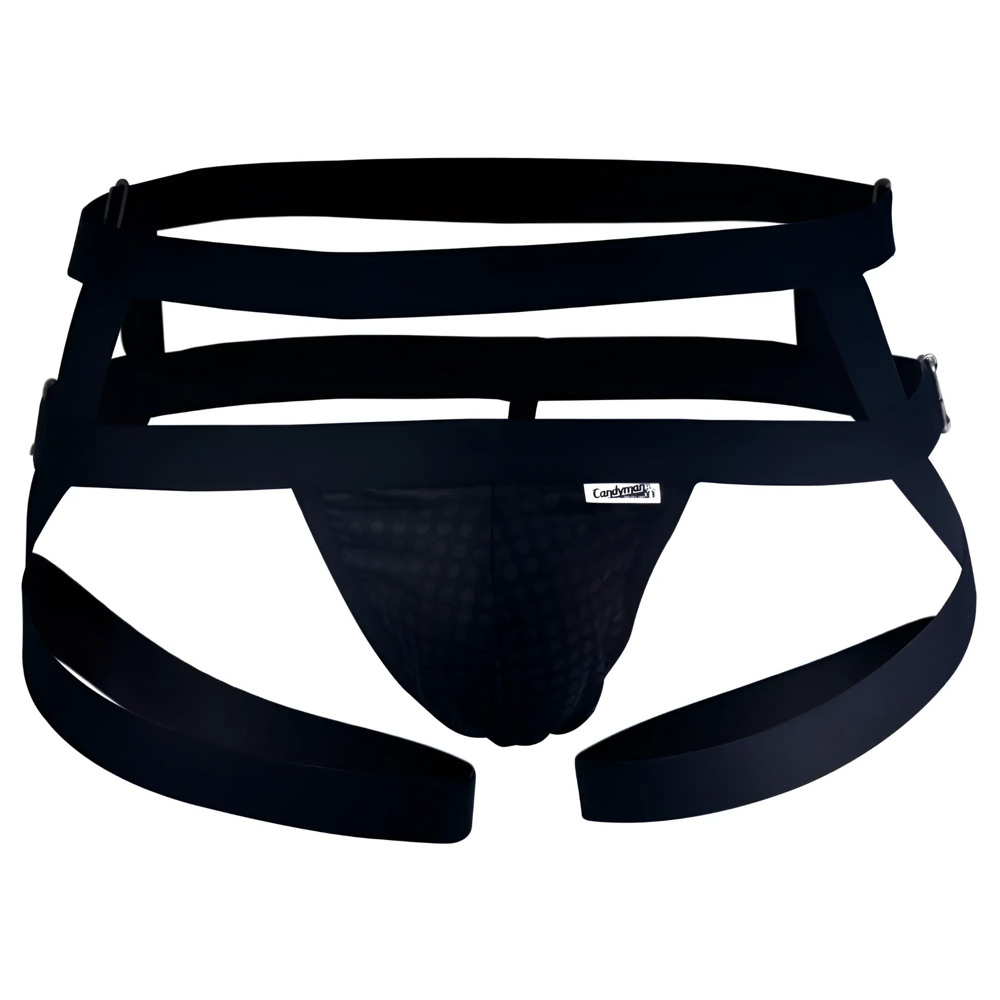 Black mesh candy man 99242 jockstrap with multi-strap design and adjustable buckles for support