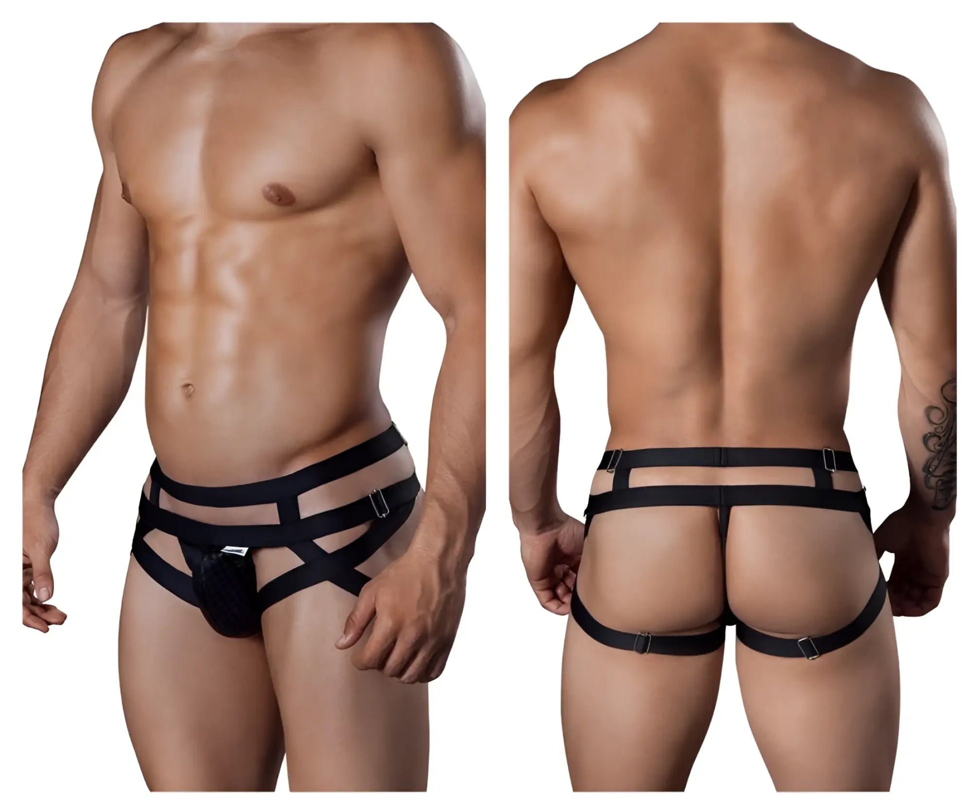Black CandyMan 99242 jockstrap with strappy harness-style design and sleek modern look in front view