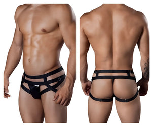Black CandyMan 99242 jockstrap with strappy harness-style design and sleek modern look in front view