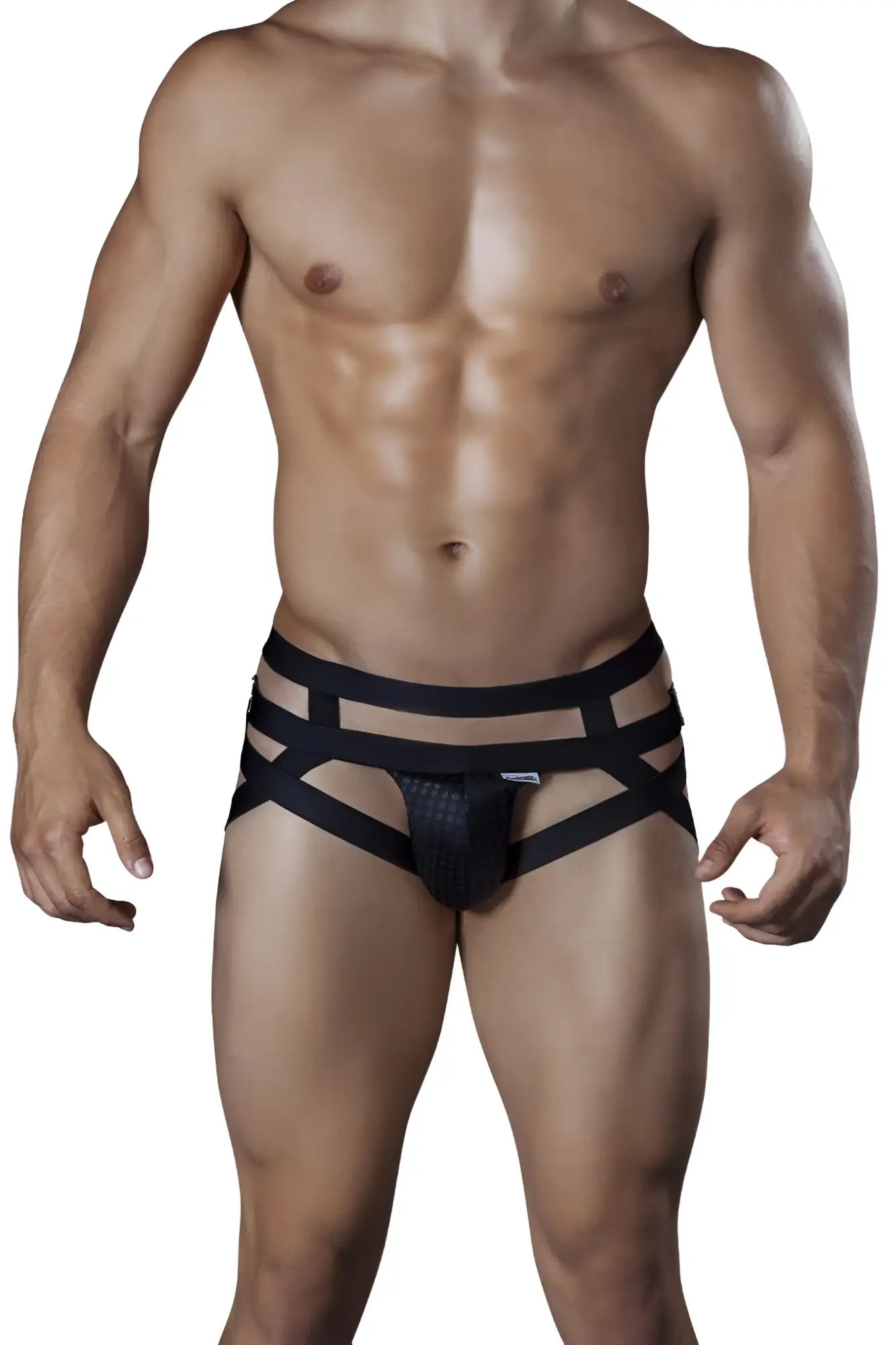 Black CandyMan 99242 jockstrap with strappy textured front panel and multiple horizontal straps for support