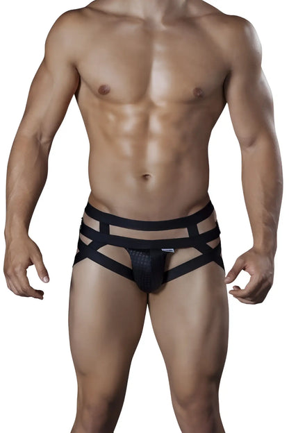 Black CandyMan 99242 jockstrap with strappy textured front panel and multiple horizontal straps for support