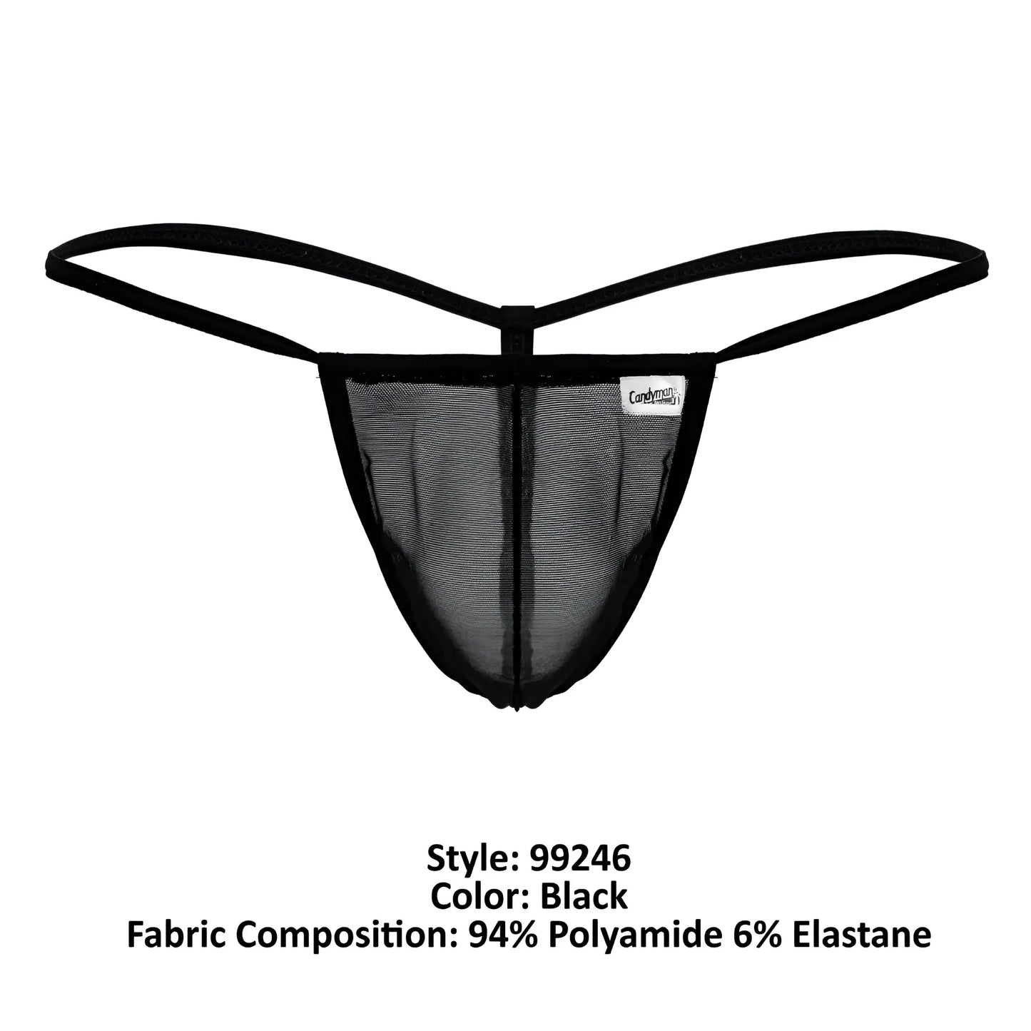 Black CandyMan 99246 mesh thong with thin elastic straps and small white brand tag visible on the front side