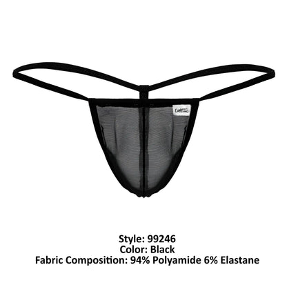 Black CandyMan 99246 mesh thong with thin elastic straps and small white brand tag visible on the front side