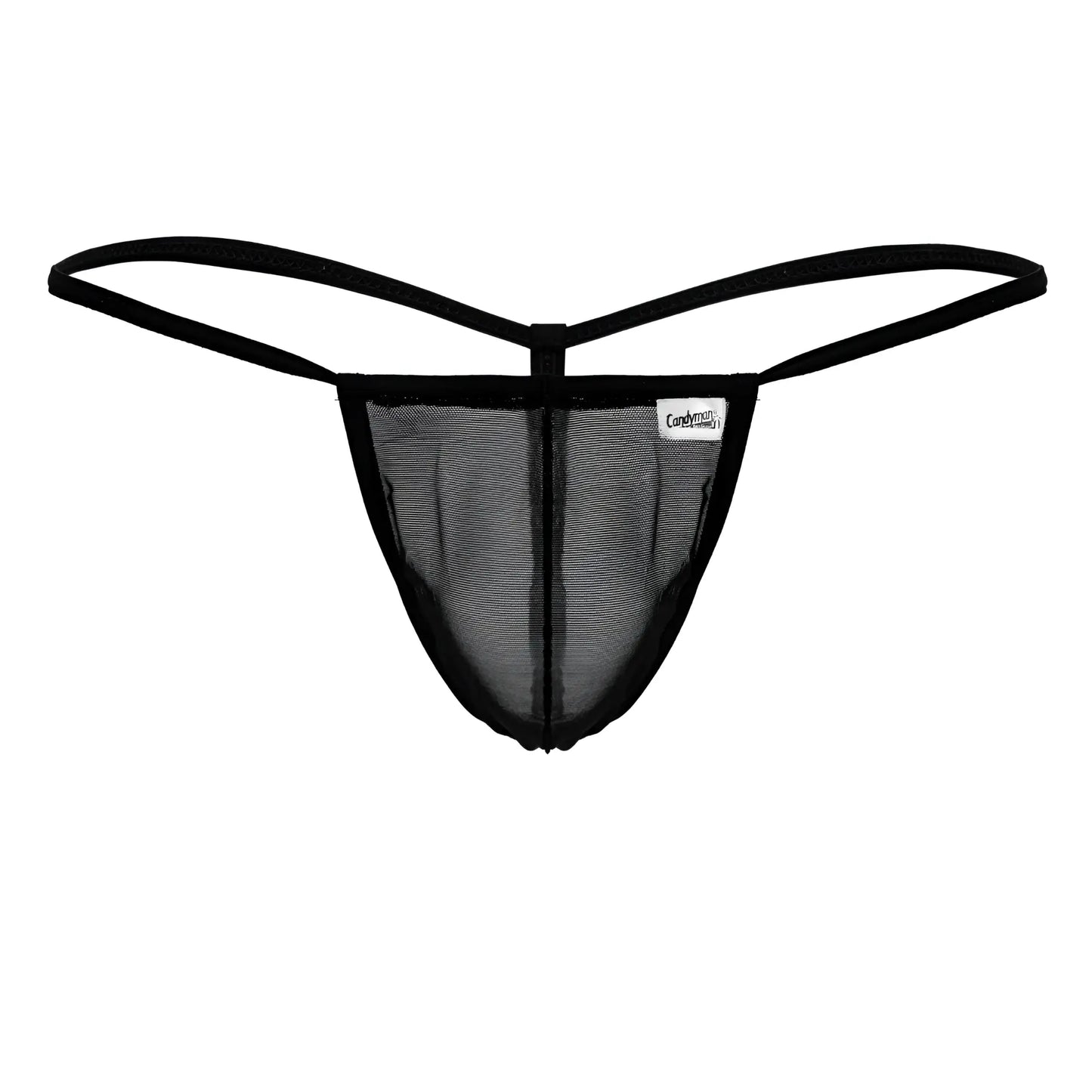 Black candyMan 99246 g-string thong with black mesh fabric thin elastic straps and branded label visible in front