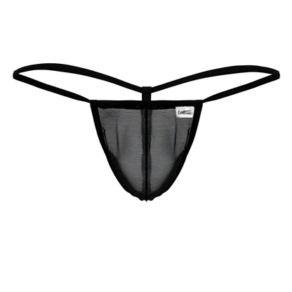 Black candyMan 99246 g-string thong with black mesh fabric thin elastic straps and branded label visible in front