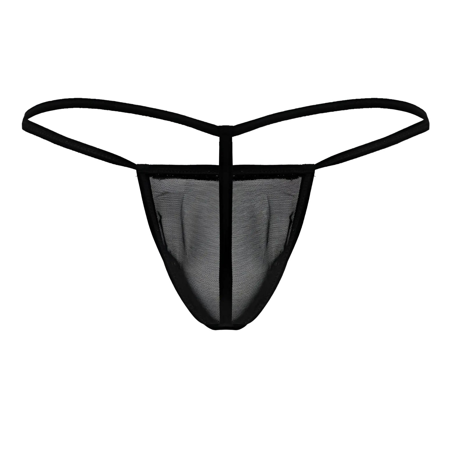 Black mesh candyMan 99246 g-string thong with thin elastic straps and central vertical seam front view