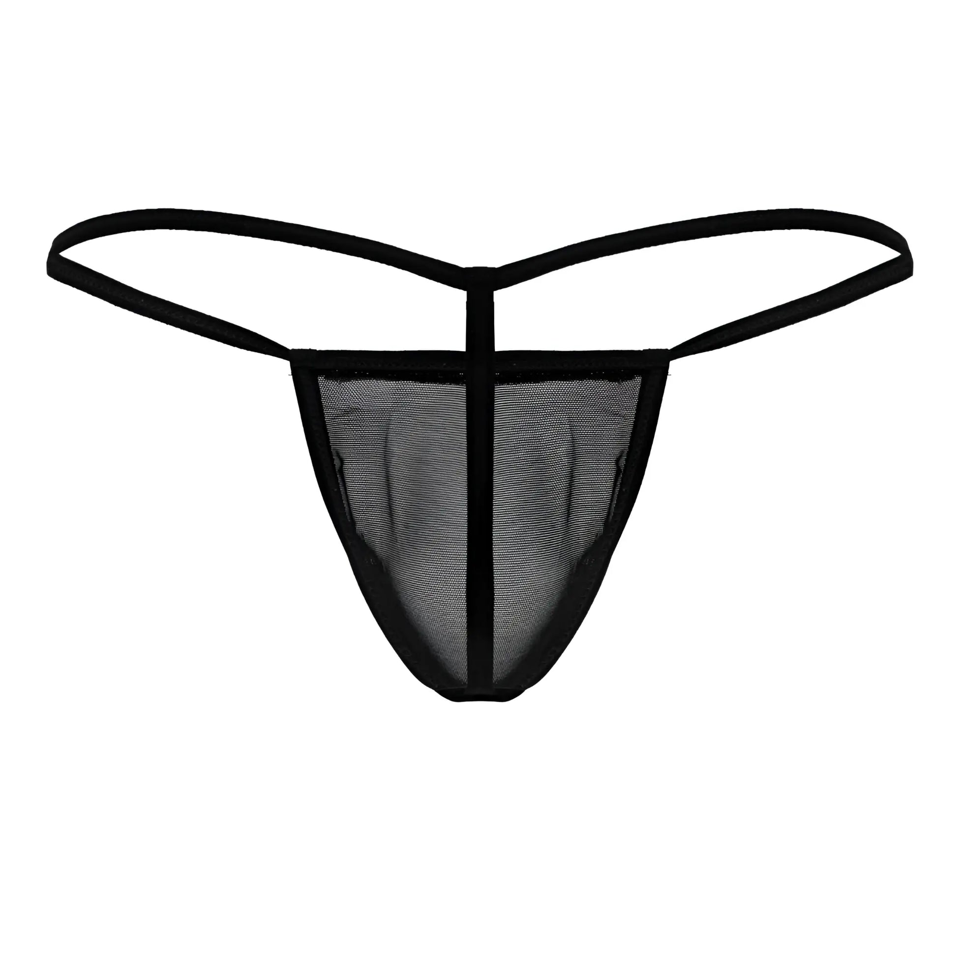 Black mesh candyMan 99246 g-string thong with thin elastic straps and central vertical seam front view