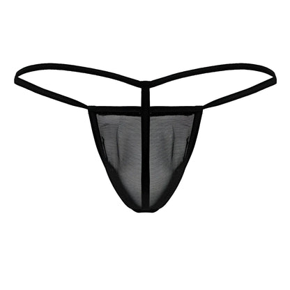 Black mesh candyMan 99246 g-string thong with thin elastic straps and central vertical seam front view