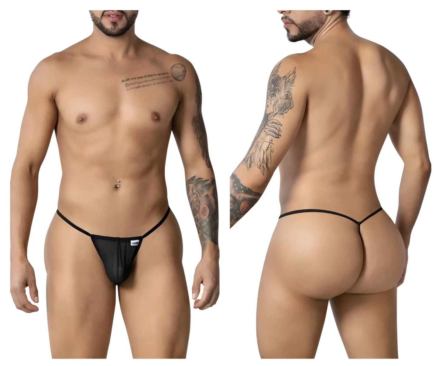 Black mesh CandyMan 99246 G-string thong with thin elastic waistband and small white brand tag