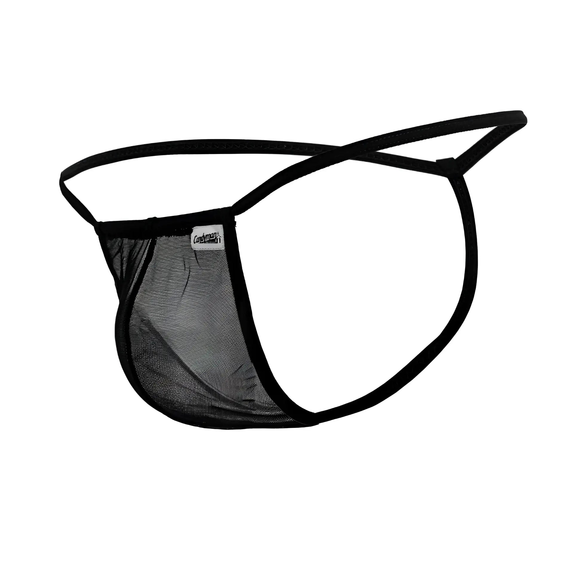 Black mesh CandyMan 99246 G-string thong with solid black elastic band and trim shown from the back side