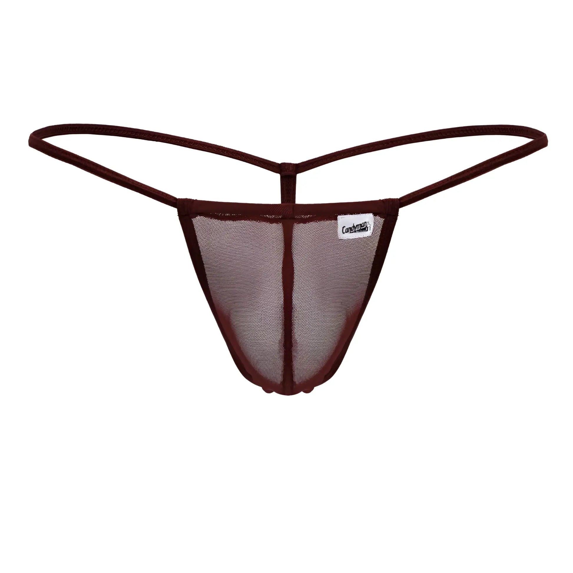 Maroon CandyMan 99246 g-string thong with mesh fabric thin elastic straps and branded label visible on front side