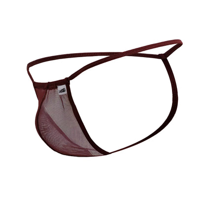 CandyMan 99246 g-string thong in burgundy mesh with thin solid fabric straps and a small brand tag visible