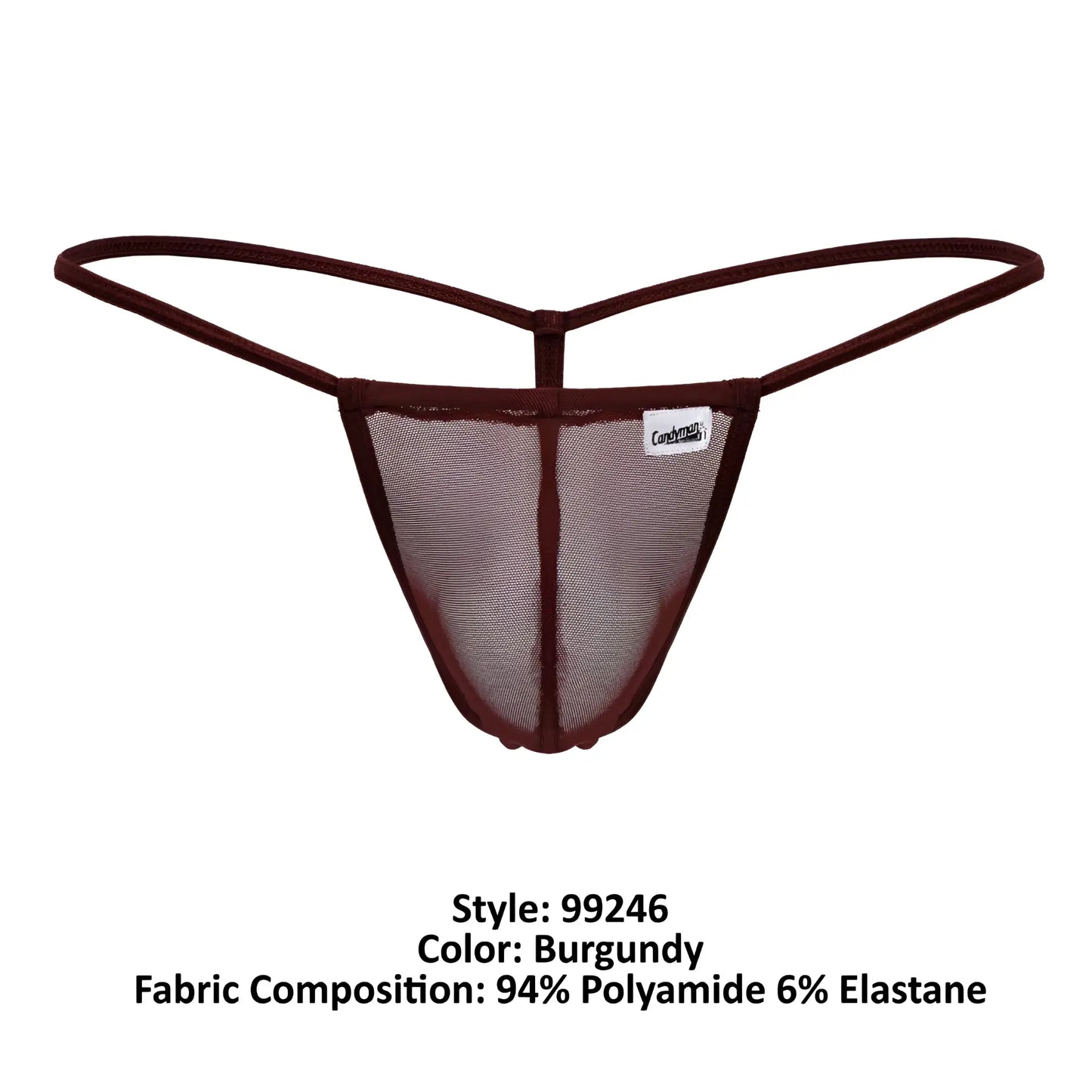 CandyMan 99246 burgundy mesh thong with thin elastic straps and branded label showing the front side view
