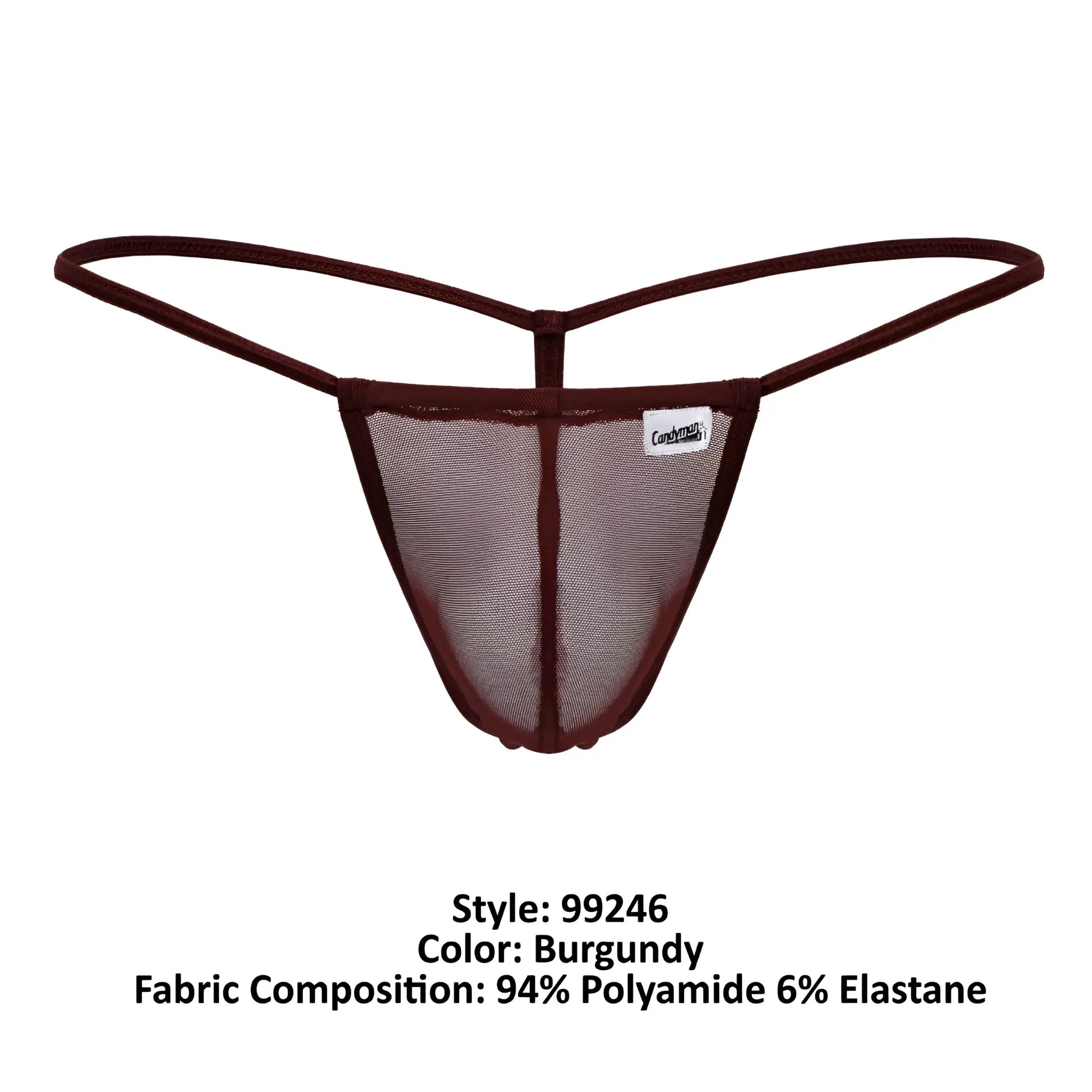 CandyMan 99246 burgundy mesh thong with thin elastic straps and branded label showing the front side view