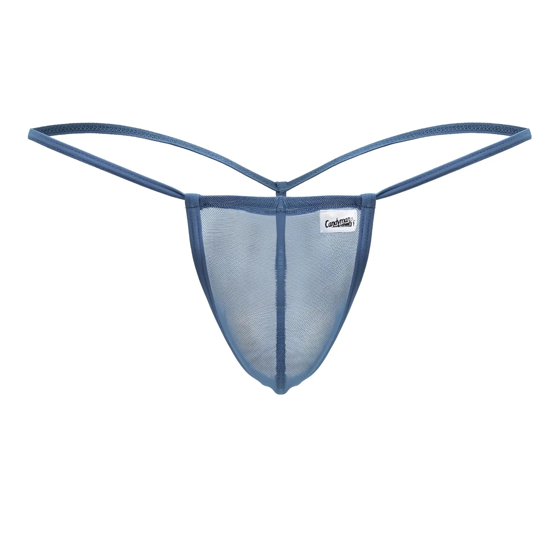 Turquoise candyman 99246 g-string thong made of blue mesh with thin adjustable straps and a small white label on front