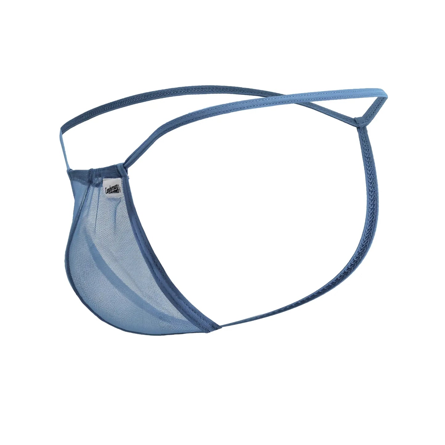 Turquoise candyman 99246 g-string thong with blue mesh fabric, thin supportive straps, and subtle brand tag shown from back