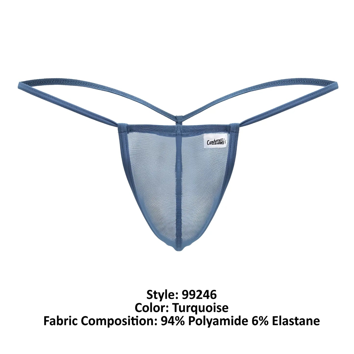 Turquoise candy man 99246 g-string thong with mesh fabric, thin adjustable straps, and a branded label visible