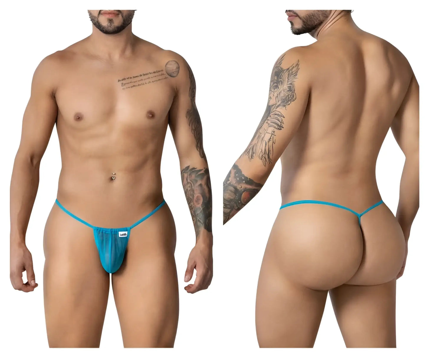 A vibrant turquoise blue sheer mesh CandyMan 99246 G-string thong with minimalist design and white brand tag
