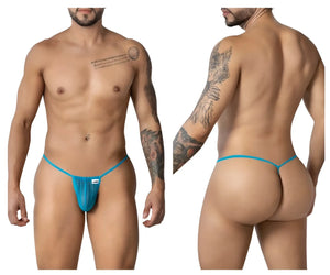 A vibrant turquoise blue sheer mesh CandyMan 99246 G-string thong with minimalist design and white brand tag