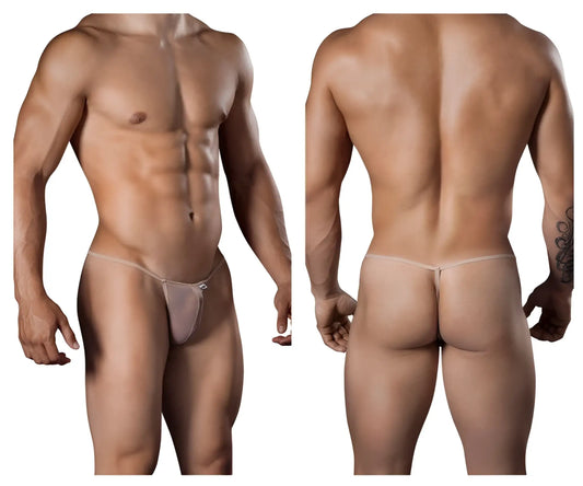CandyMan 99246 thong in beige sheer translucent fabric with a minimalistic design and a small decorative bow at front