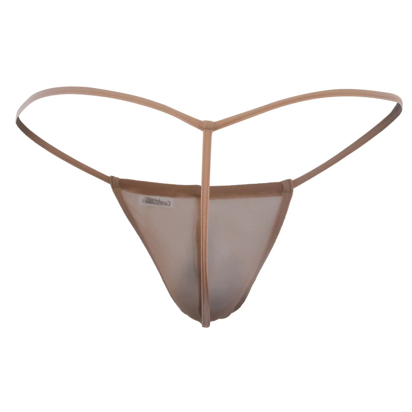 CandyMan 99246 thong in beige sheer mesh fabric with a thin supportive waistband shown from the back side