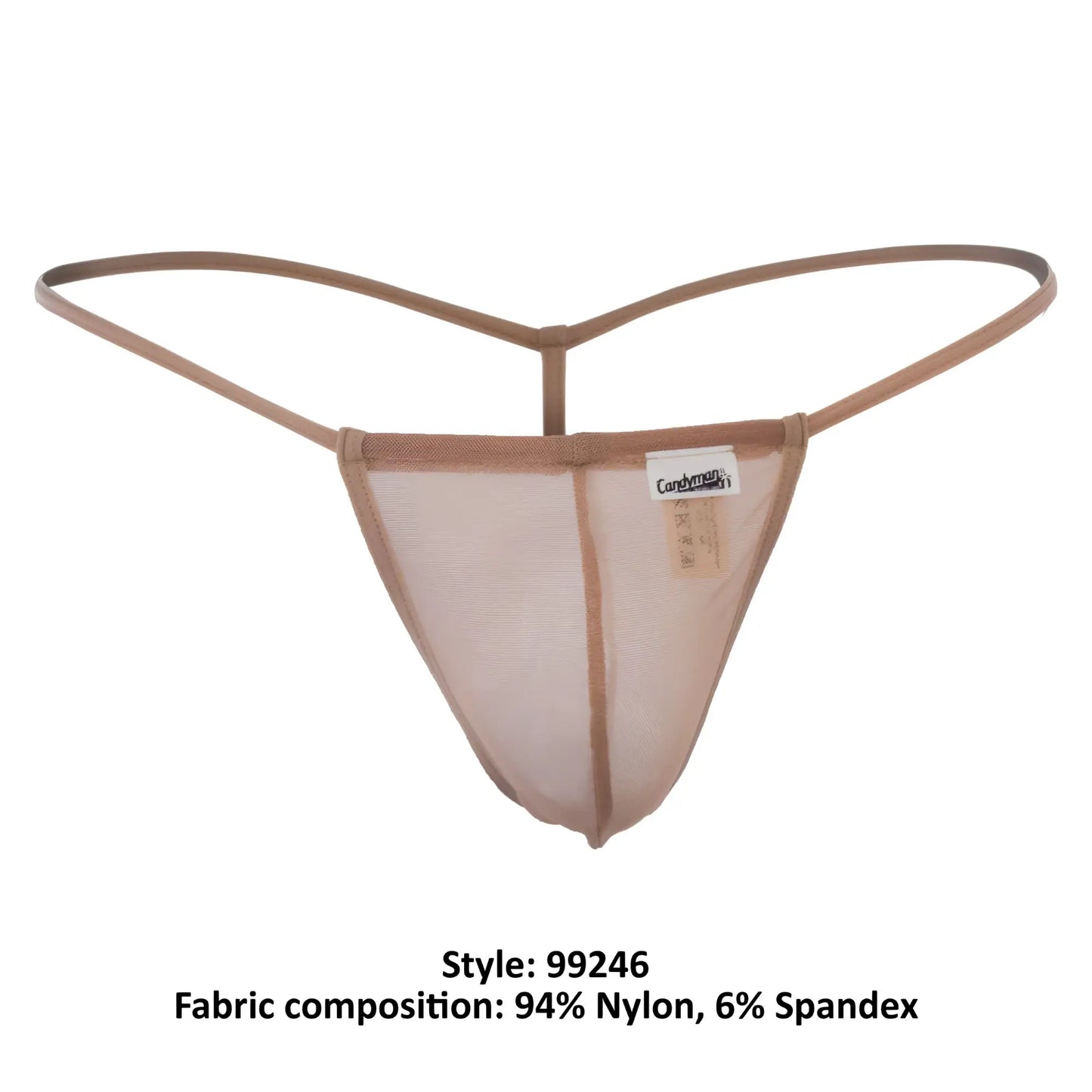 Beige CandyMan 99246 thong made of tan mesh with thin supportive straps and a branded tag visible