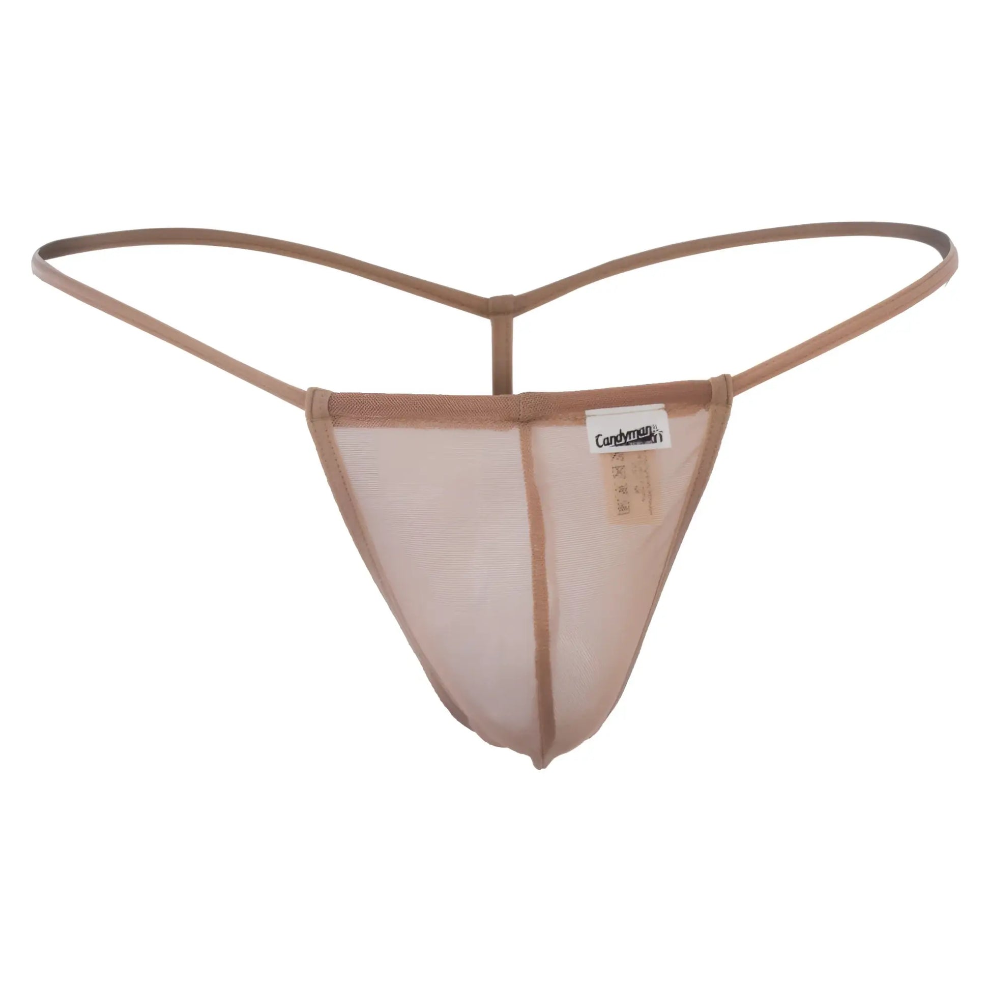 CandyMan 99246 beige mesh thong with thin supportive straps and branded tag for comfortable wear