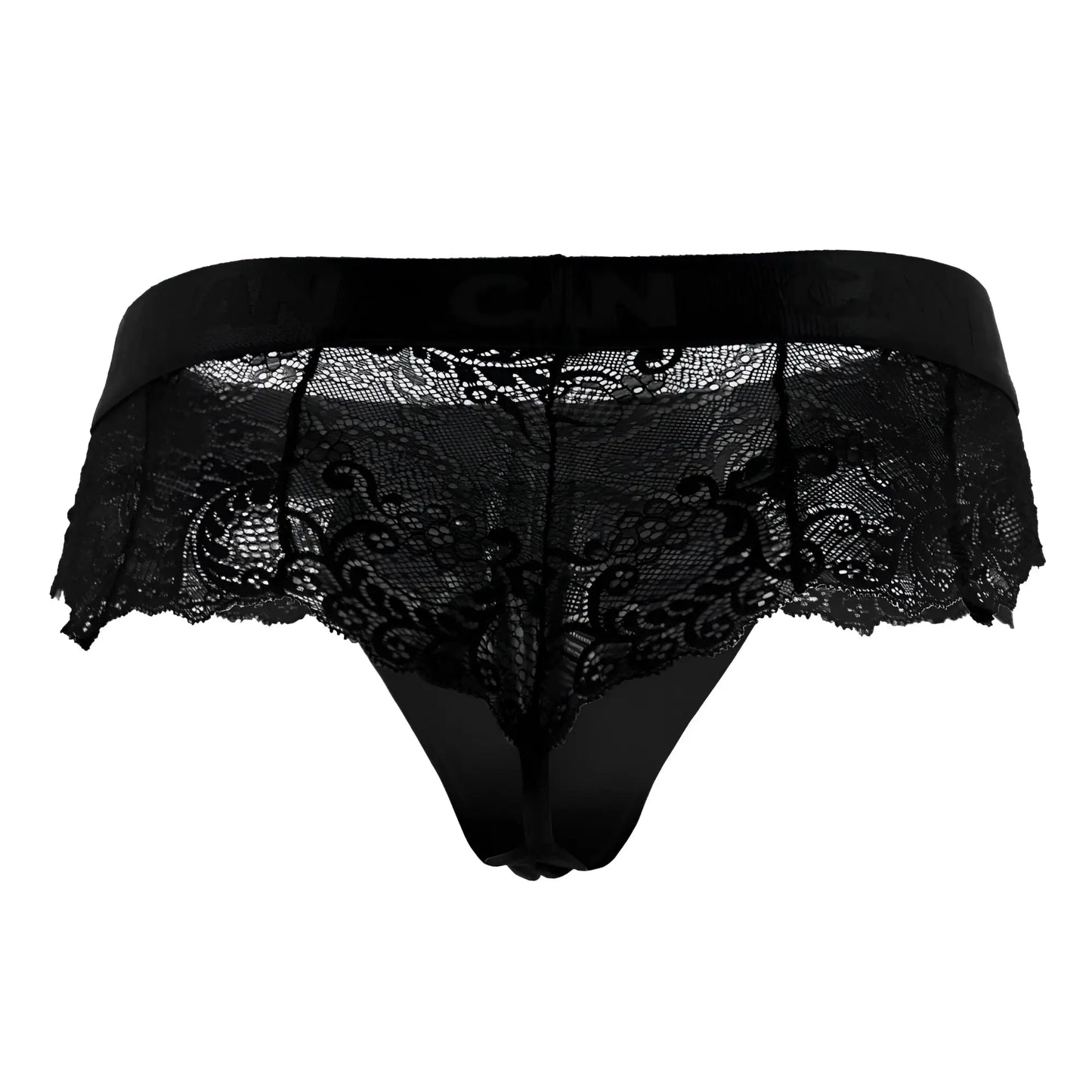 Black lace thong candyMan 99304 with solid black elastic waistband and intricate floral patterns shown from the back