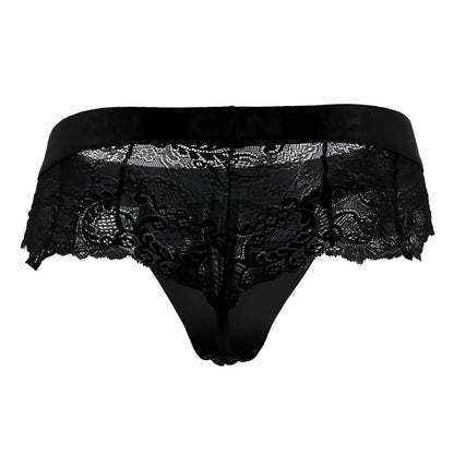 Black lace thong candyMan 99304 with solid black elastic waistband and intricate floral patterns shown from the back