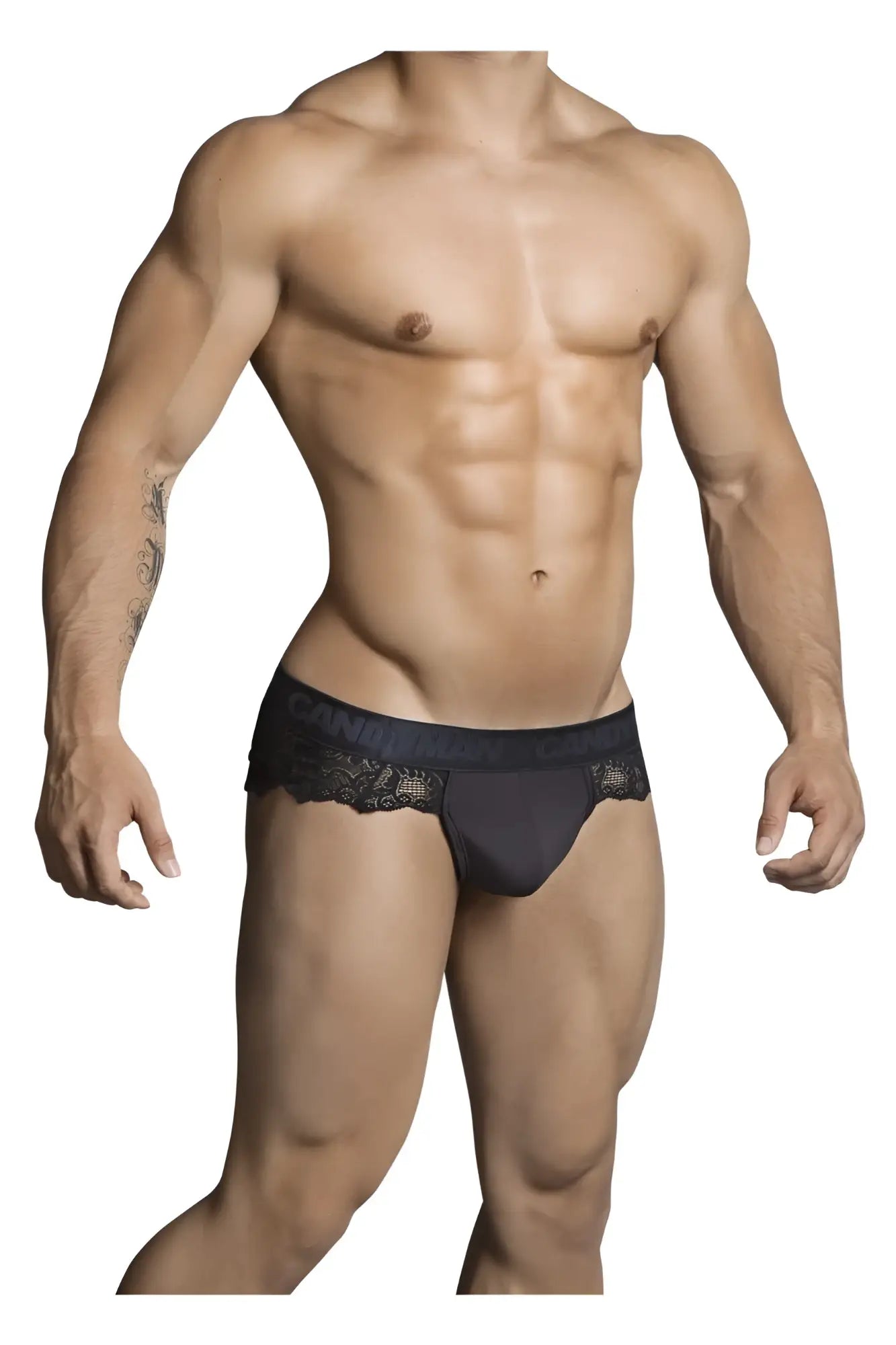 Black lace-trimmed calvin klein candyMan 99304 thong in black showcasing front view and delicate lace detail